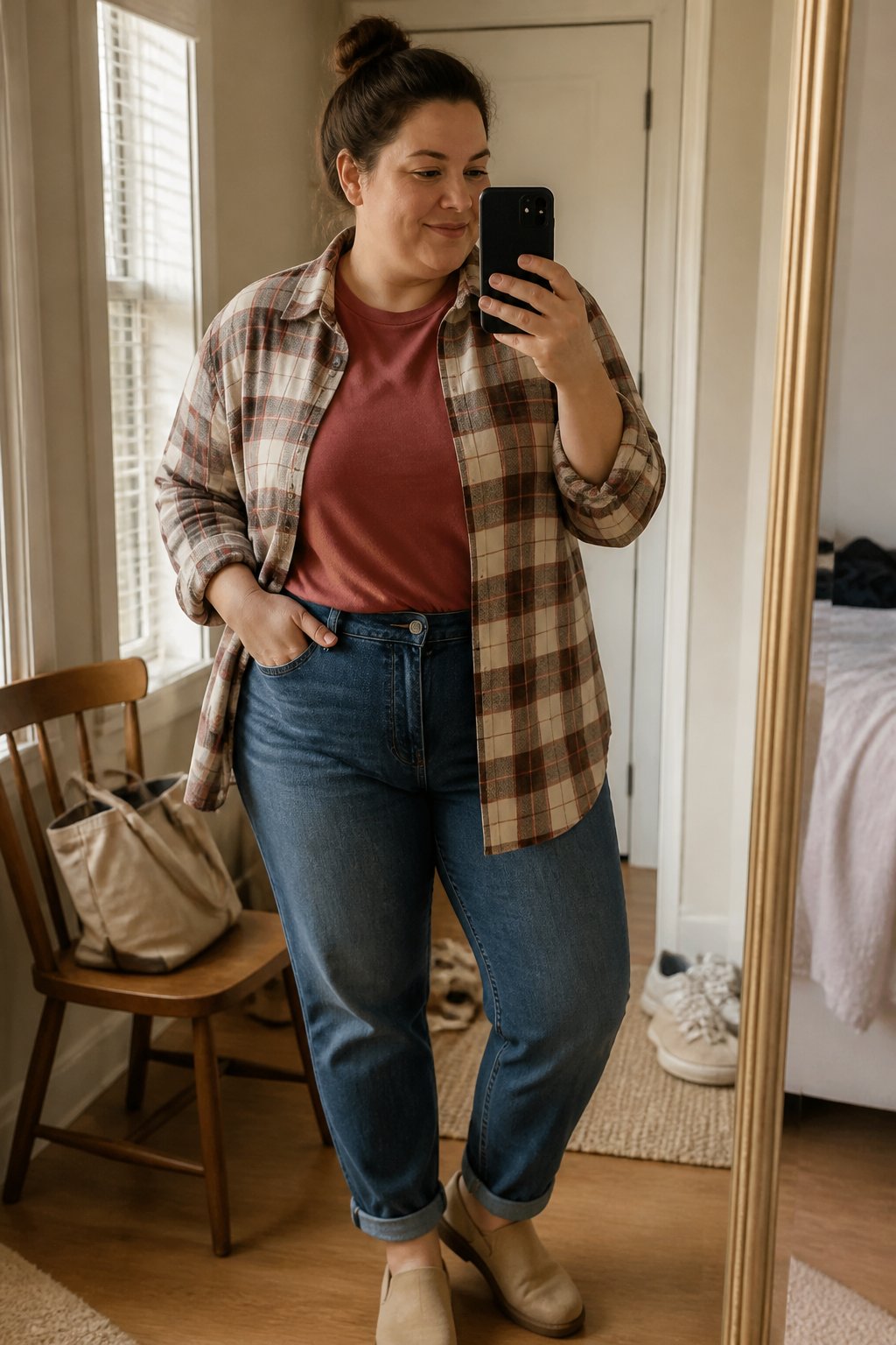 A woman wearing an open plaid overshirt over a solid-colored top in a casual indoor fall outfit.