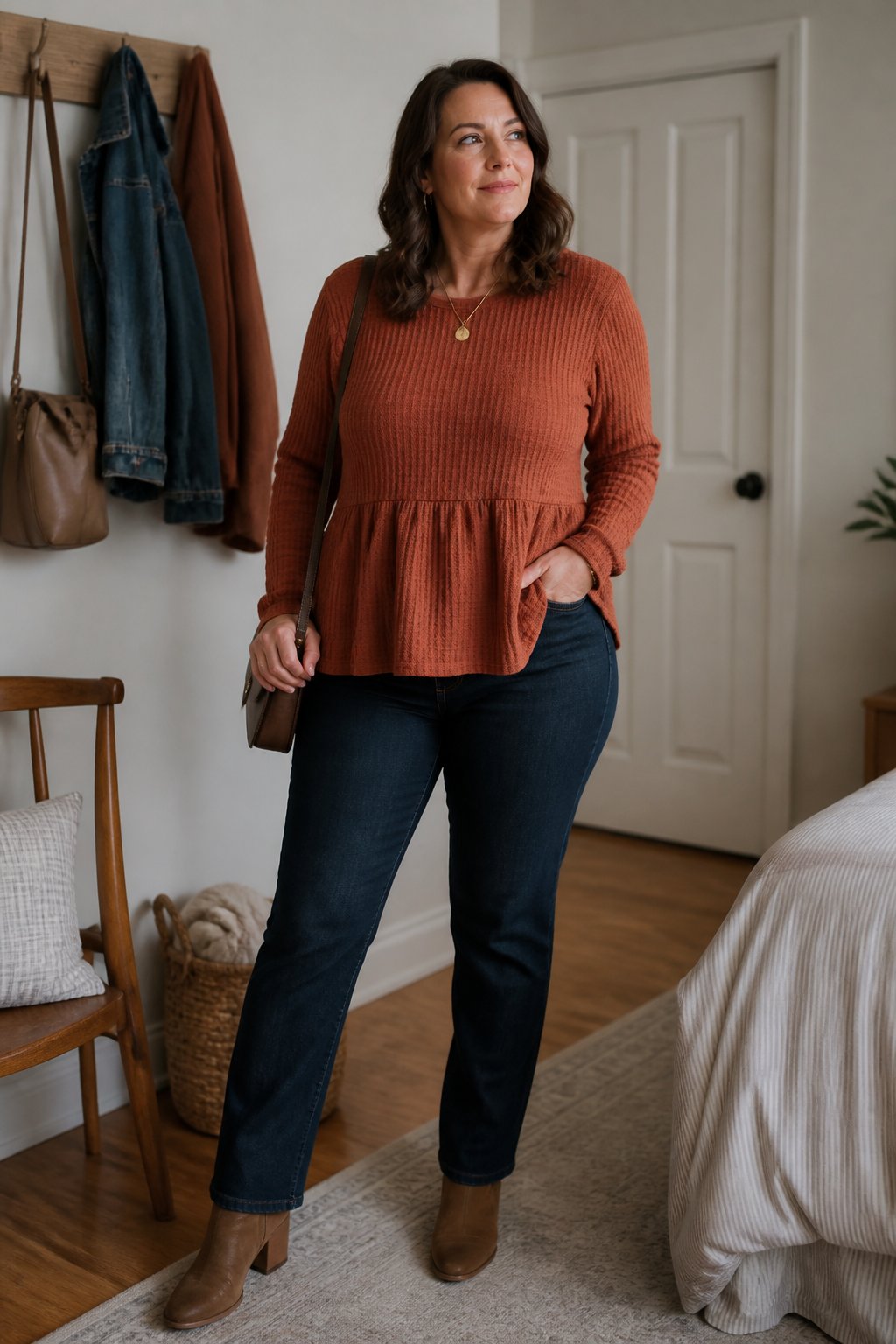 A woman wearing a rust-colored peplum knit top, dark straight-leg jeans, and ankle boots stands in a softly lit home interior.