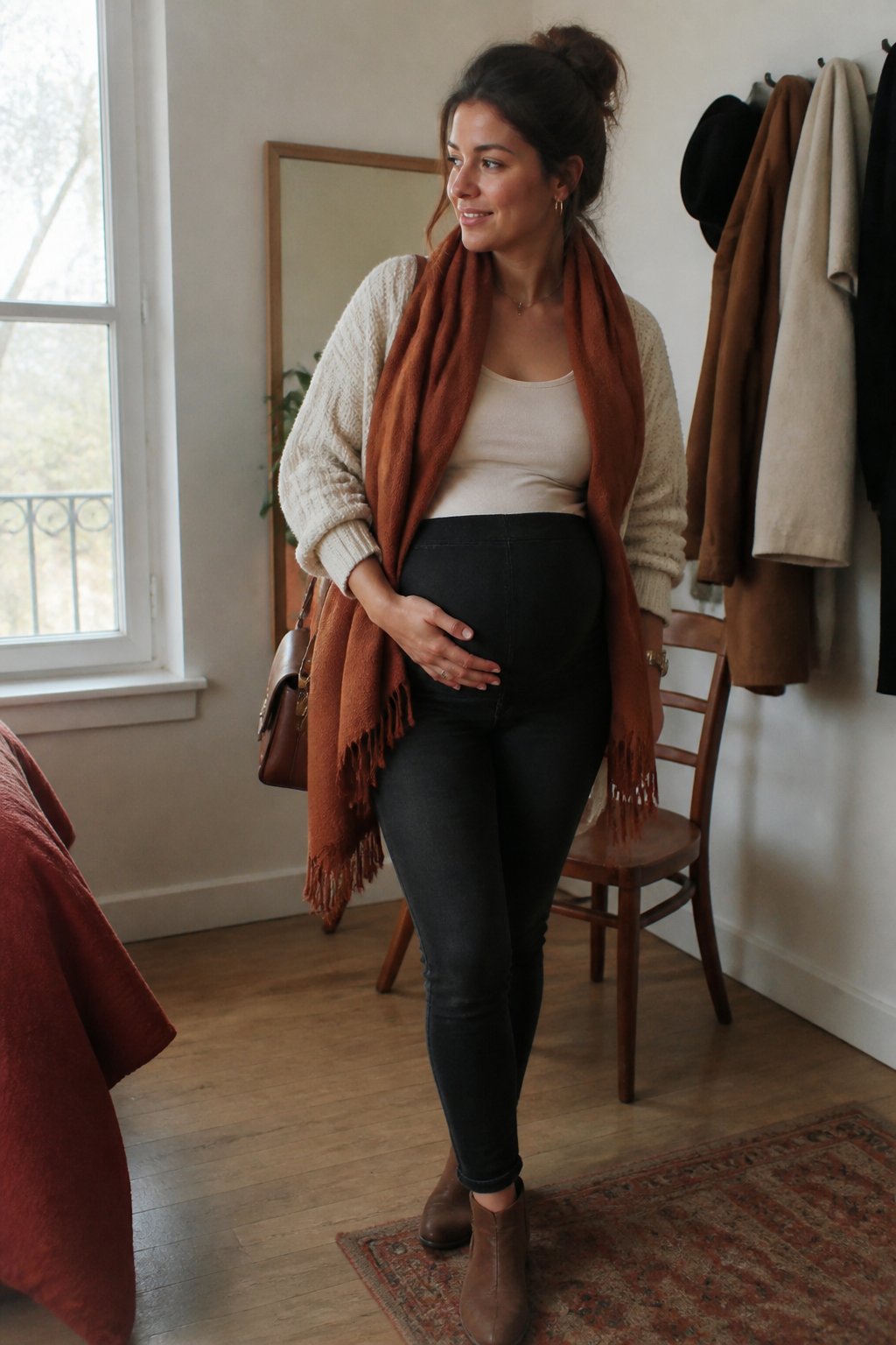 Pregnant woman wearing a cozy fall outfit with a knit sweater, dark pants, boots, and a wool coat in a softly lit room.