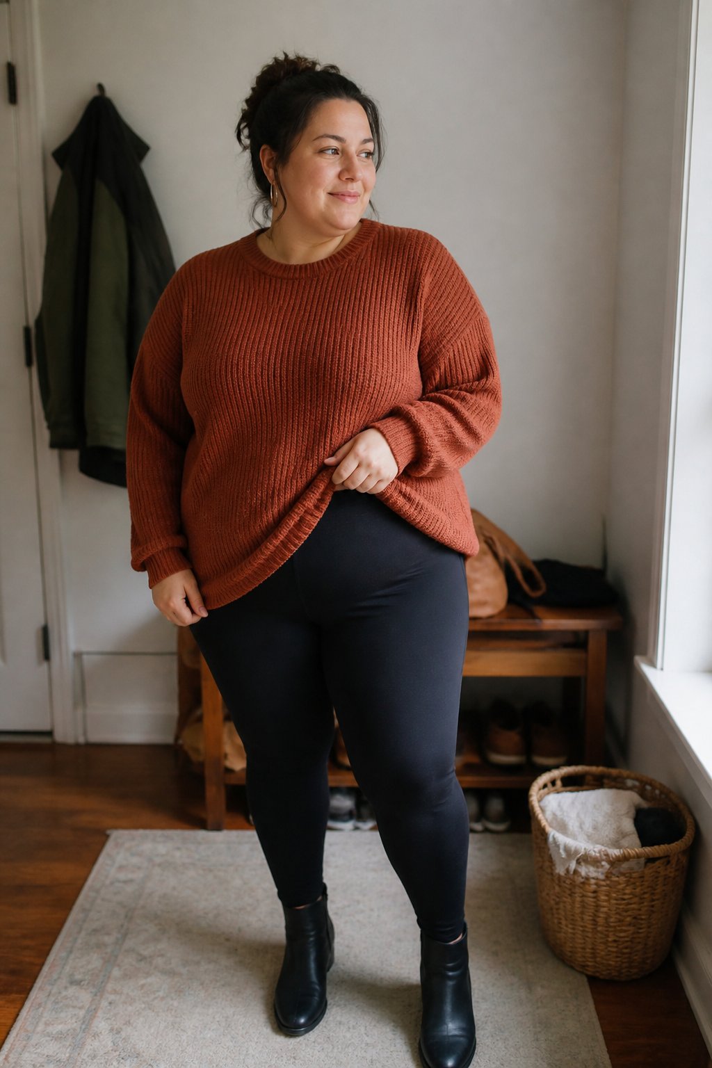 Woman wearing a rust knit sweater, black leggings, and ankle boots in a casual autumn home setting.