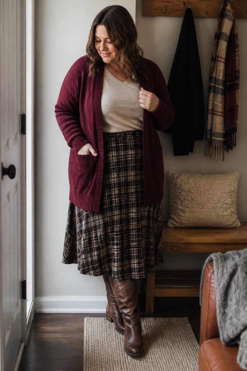 A woman wearing a burgundy cardigan, plaid midi skirt, and knee-high brown boots stands in a softly lit home.