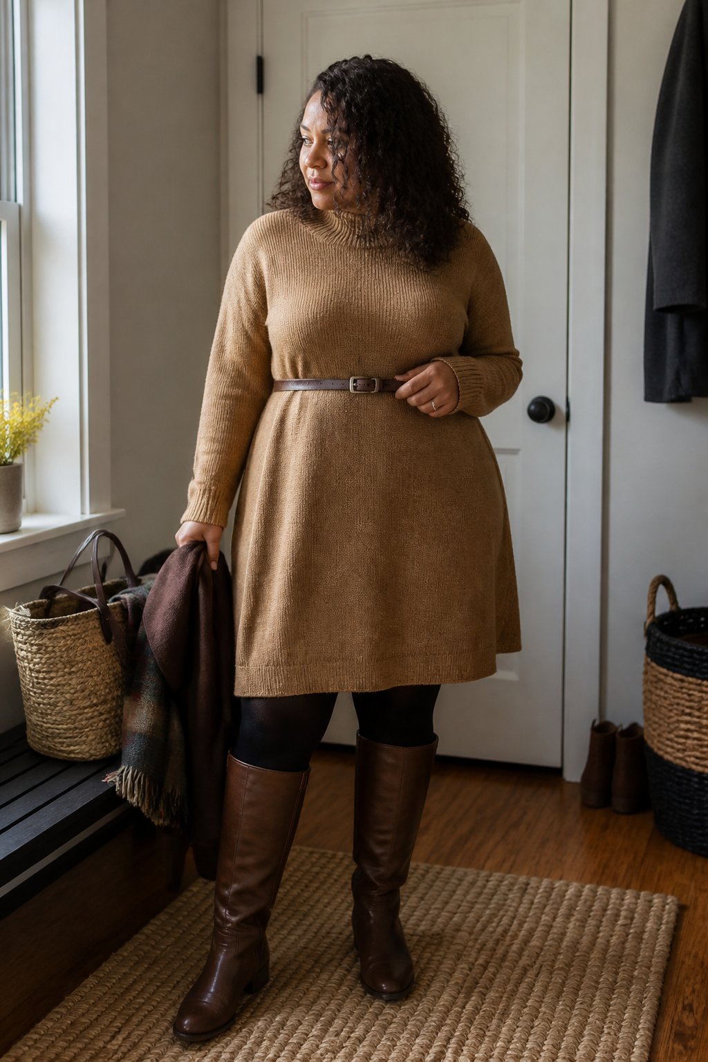 A woman wearing an A-line sweater dress, opaque tights, and tall boots stands in a cozy home entryway.