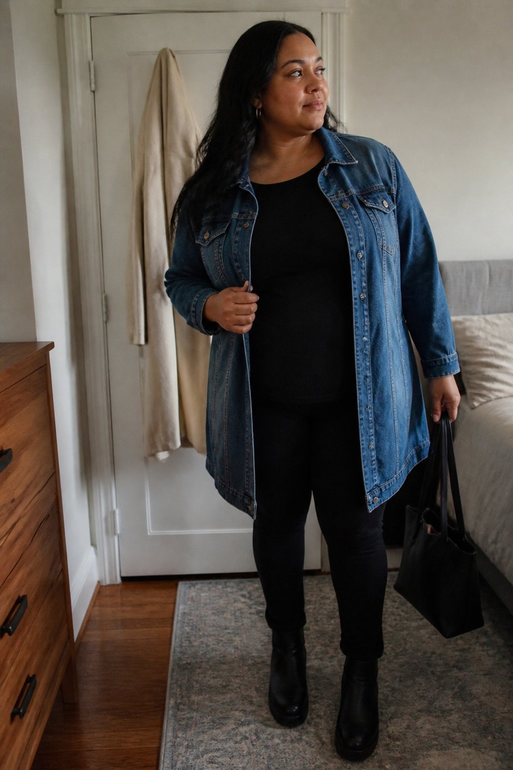Woman wearing a longline denim jacket over a black outfit in a casual fall setting.
