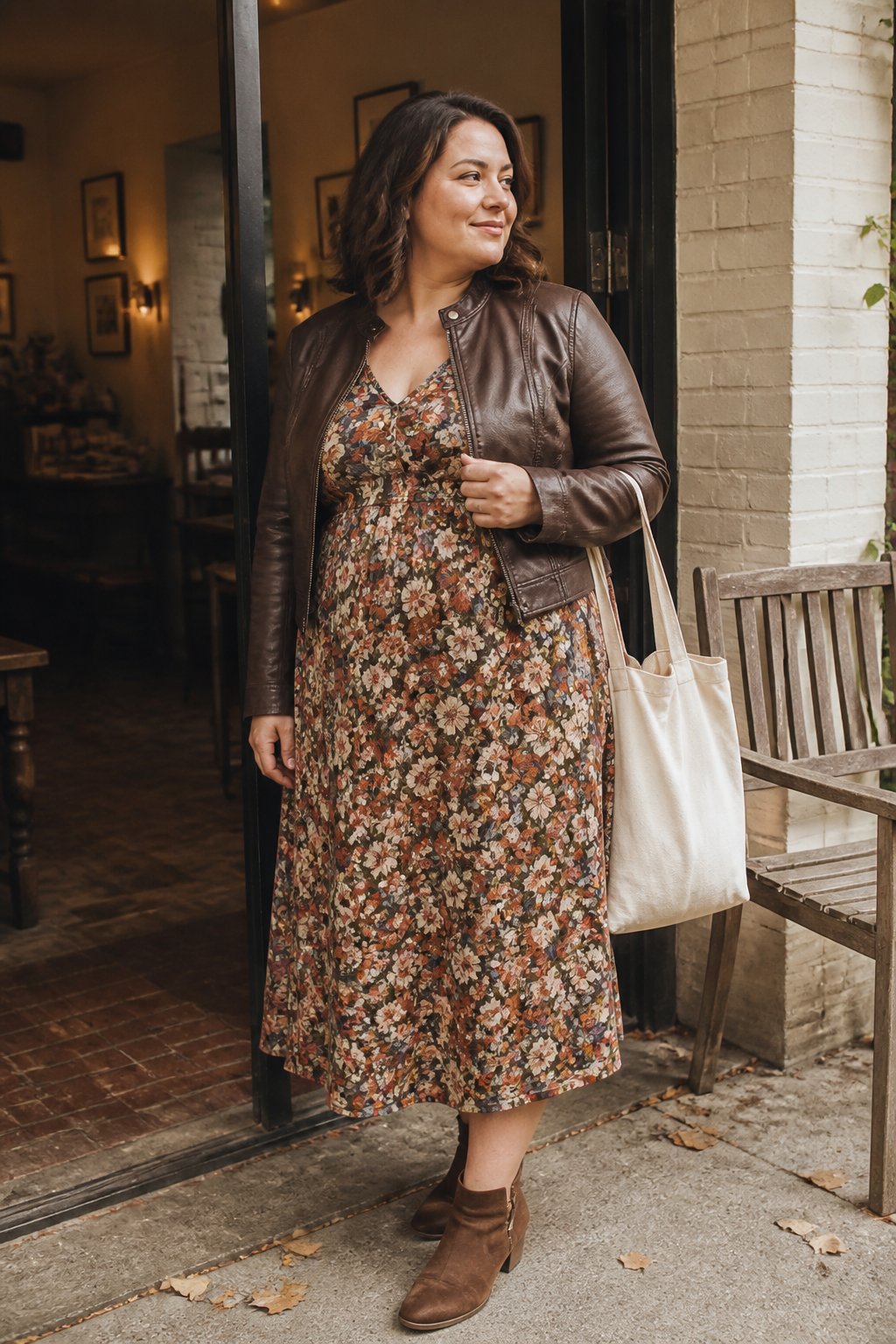 A woman wearing a floral empire-waist midi dress, cropped leather jacket, and ankle boots in a softly lit autumn setting.