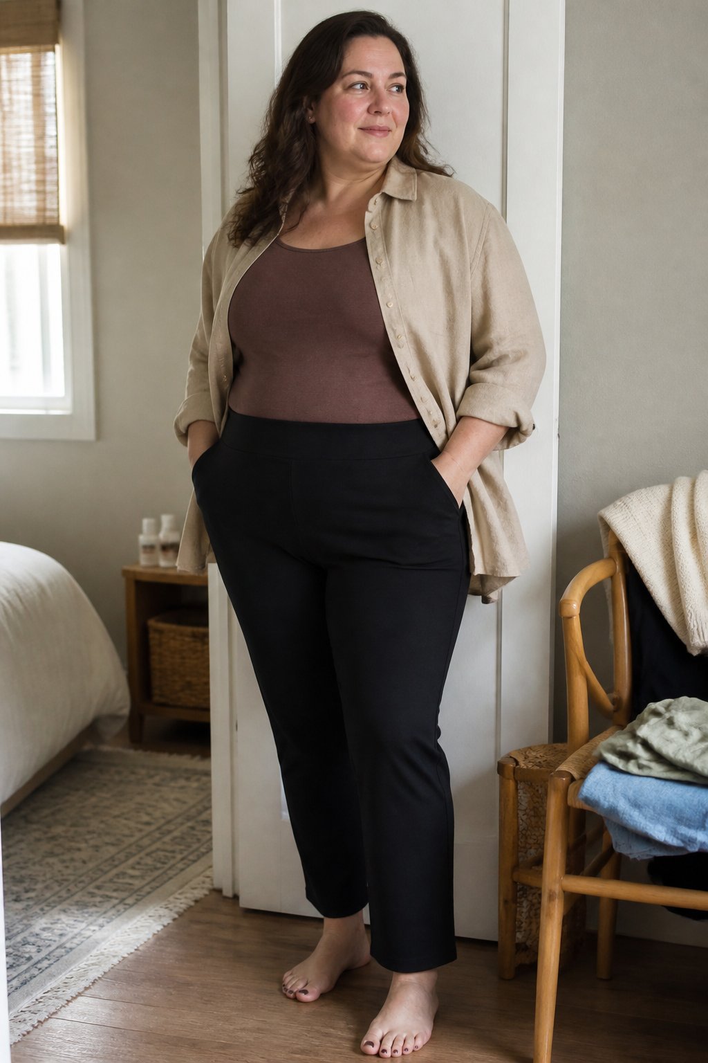 A woman wearing an oversized button-down shirt over a fitted tank top with ponte pants in a casual home setting.