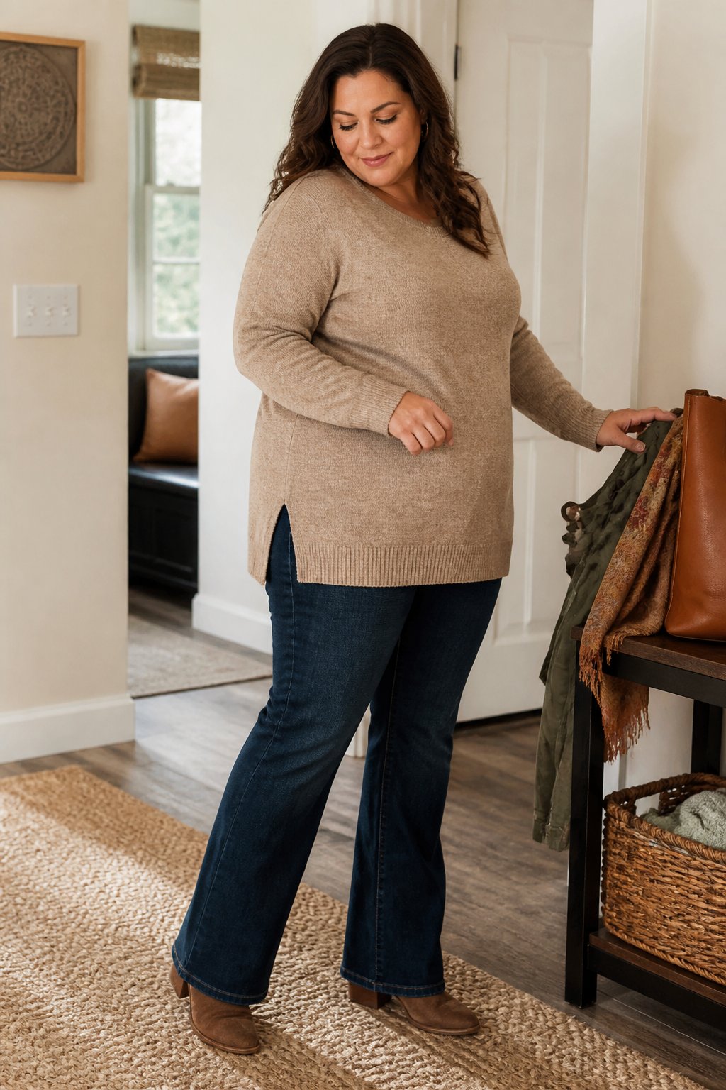 A plus-size woman wears a tunic sweater, dark-wash bootcut jeans, and block-heel ankle boots in a softly lit home entryway.