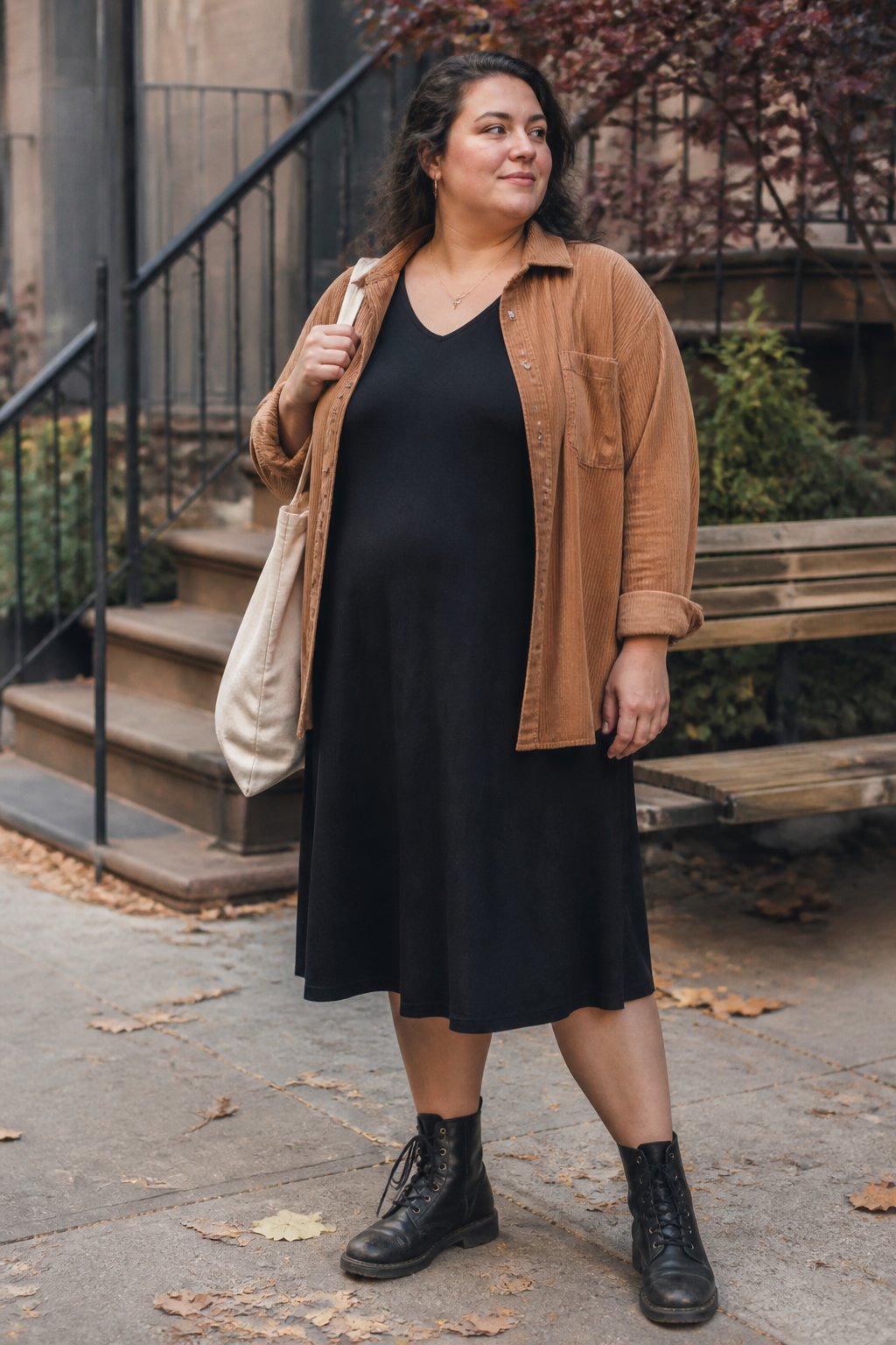 A plus-size woman wears a tan corduroy shacket over a black midi dress with black combat boots in an autumn outdoor setting.