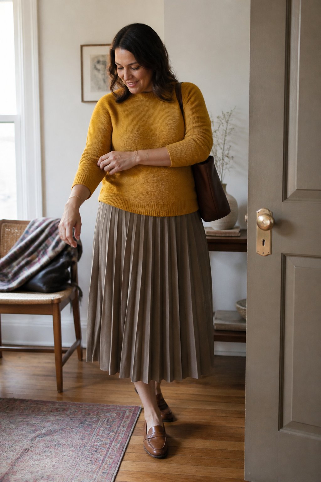 A woman wearing a mustard knit sweater, pleated midi skirt, and loafers stands in a cozy fall home interior.
