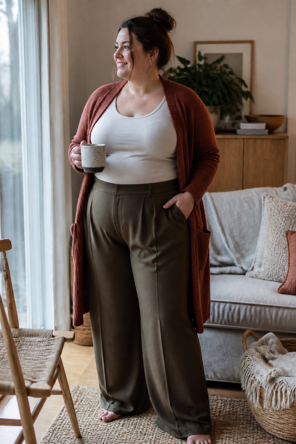 A plus-size woman wears an open cardigan, fitted top, and wide-leg trousers in a softly lit home.