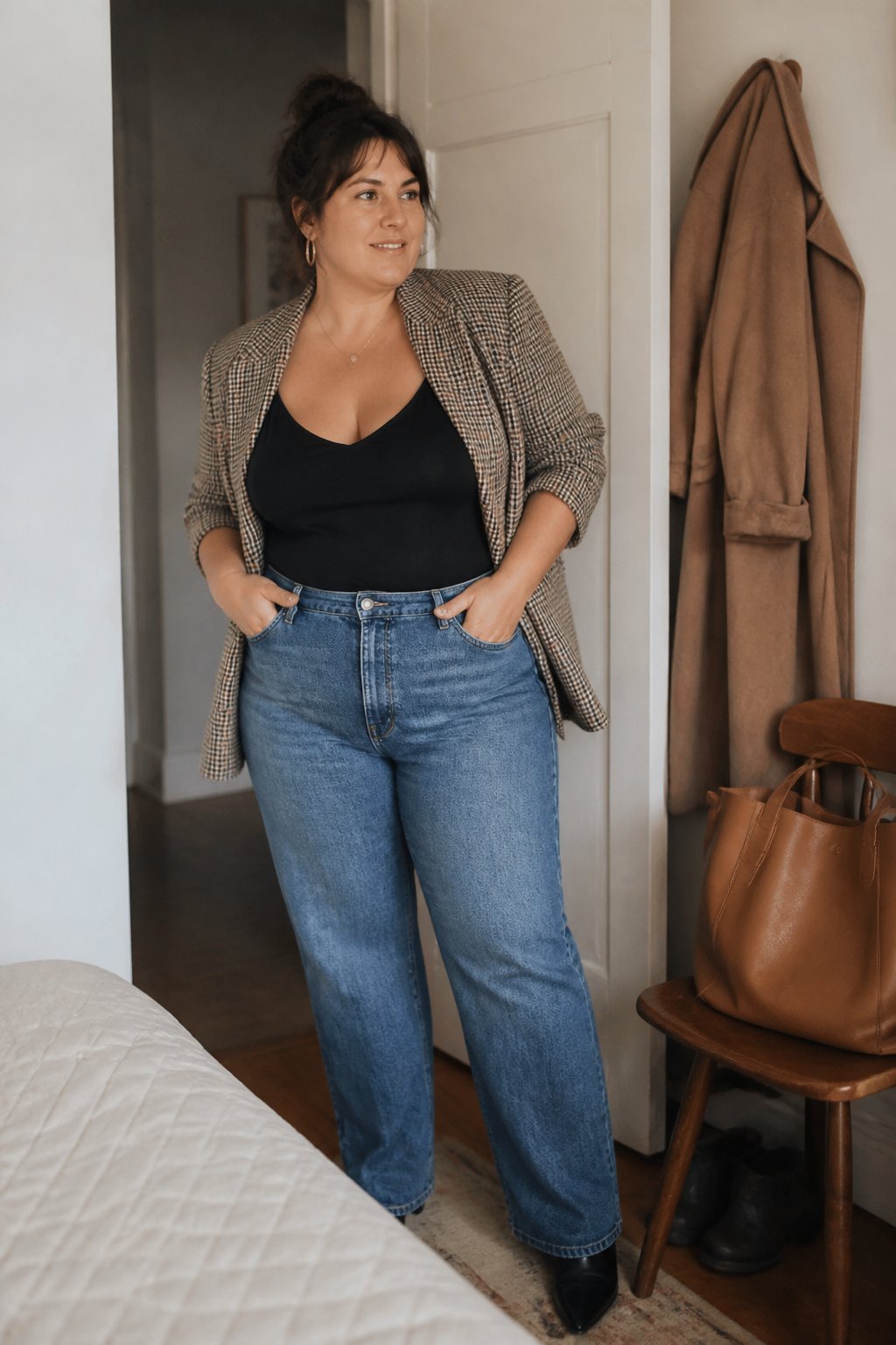 A woman wearing a plaid blazer, black camisole, and high-rise jeans stands in a softly lit home interior.