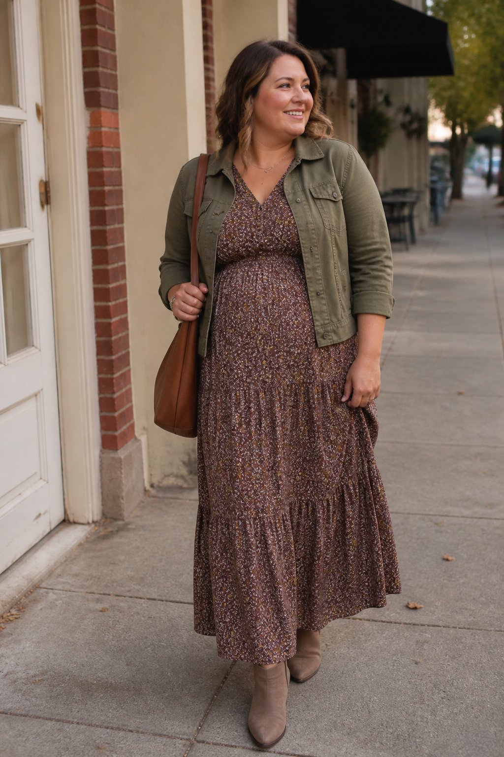 A woman wearing a tiered maxi dress, cropped utility jacket, and ankle booties stands outdoors in a casual fall setting.