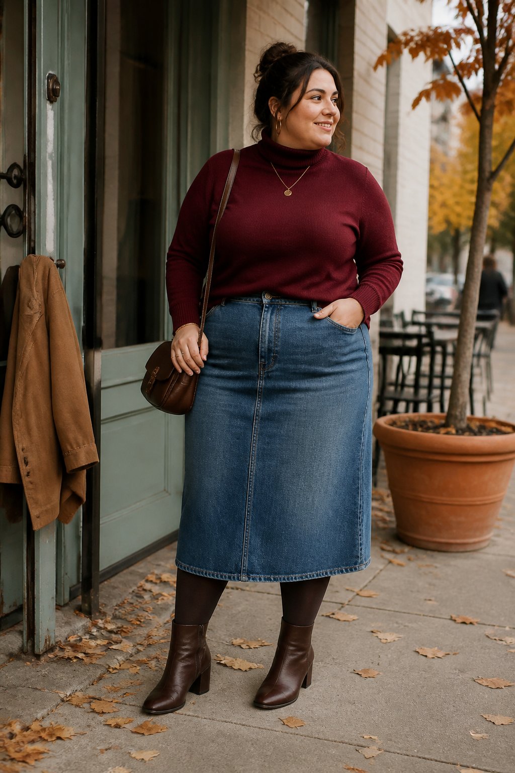 A woman wearing a burgundy turtleneck, denim midi skirt, and heeled ankle boots in a casual fall setting.