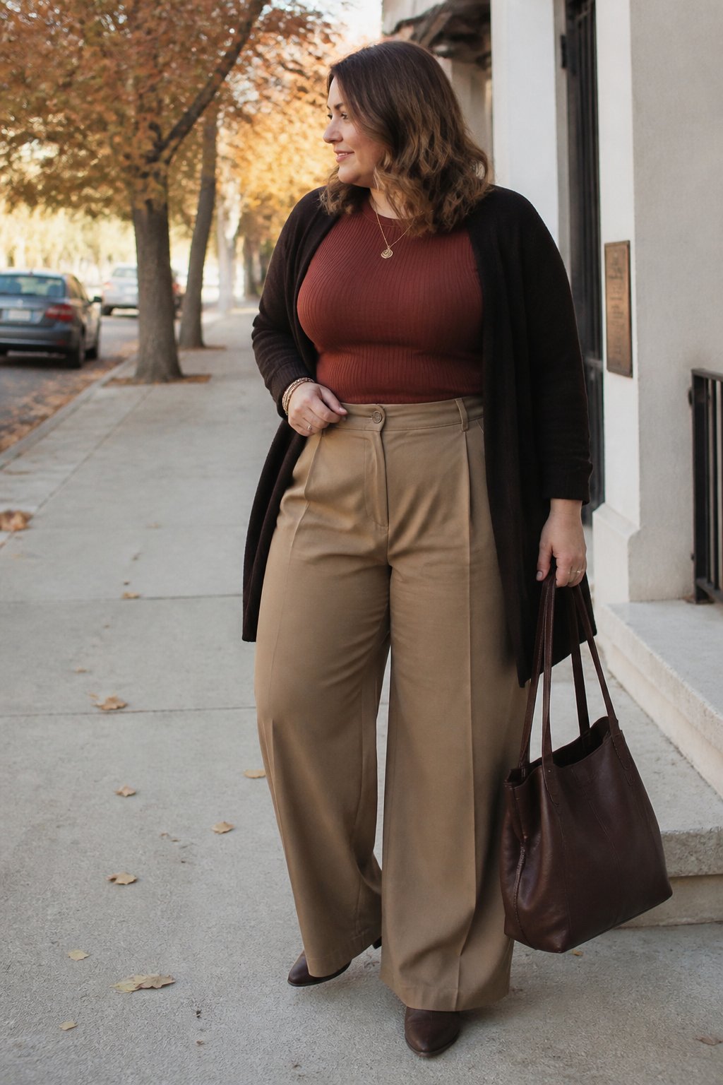 A midsize woman wears wide-leg trousers and a fitted ribbed top in a relaxed autumn setting.