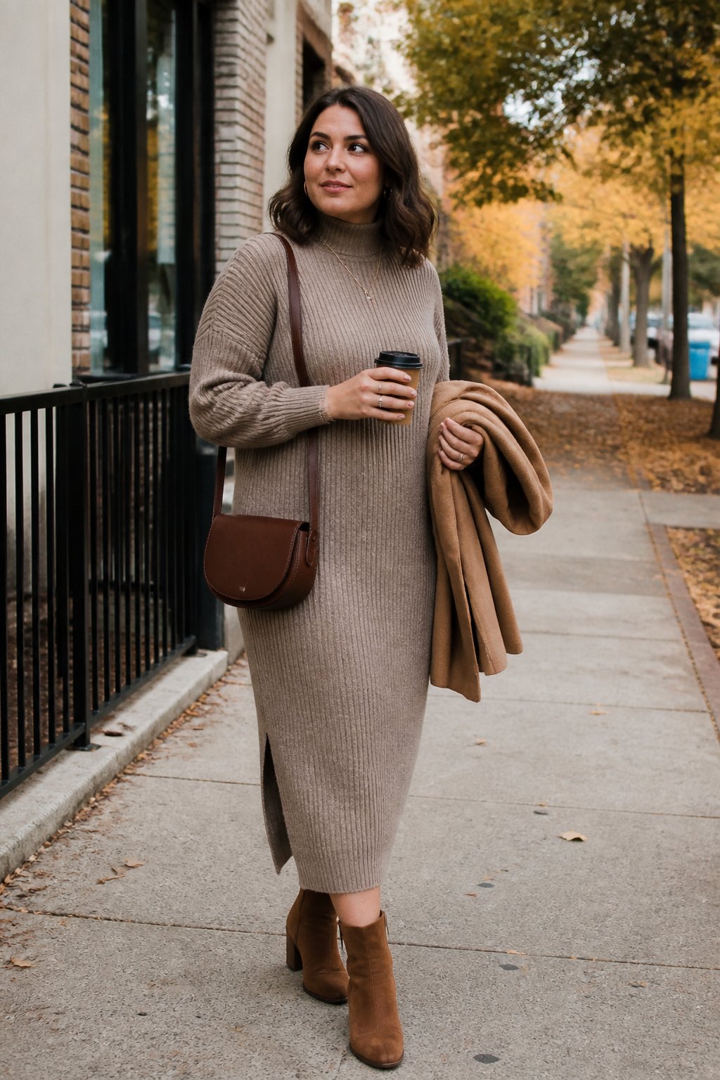 A midsize woman wears a midi sweater dress and ankle boots on an autumn sidewalk.