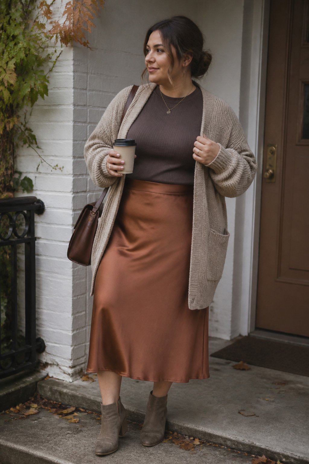 A midsize woman wears a satin midi skirt and chunky cardigan in a softly lit autumn setting.