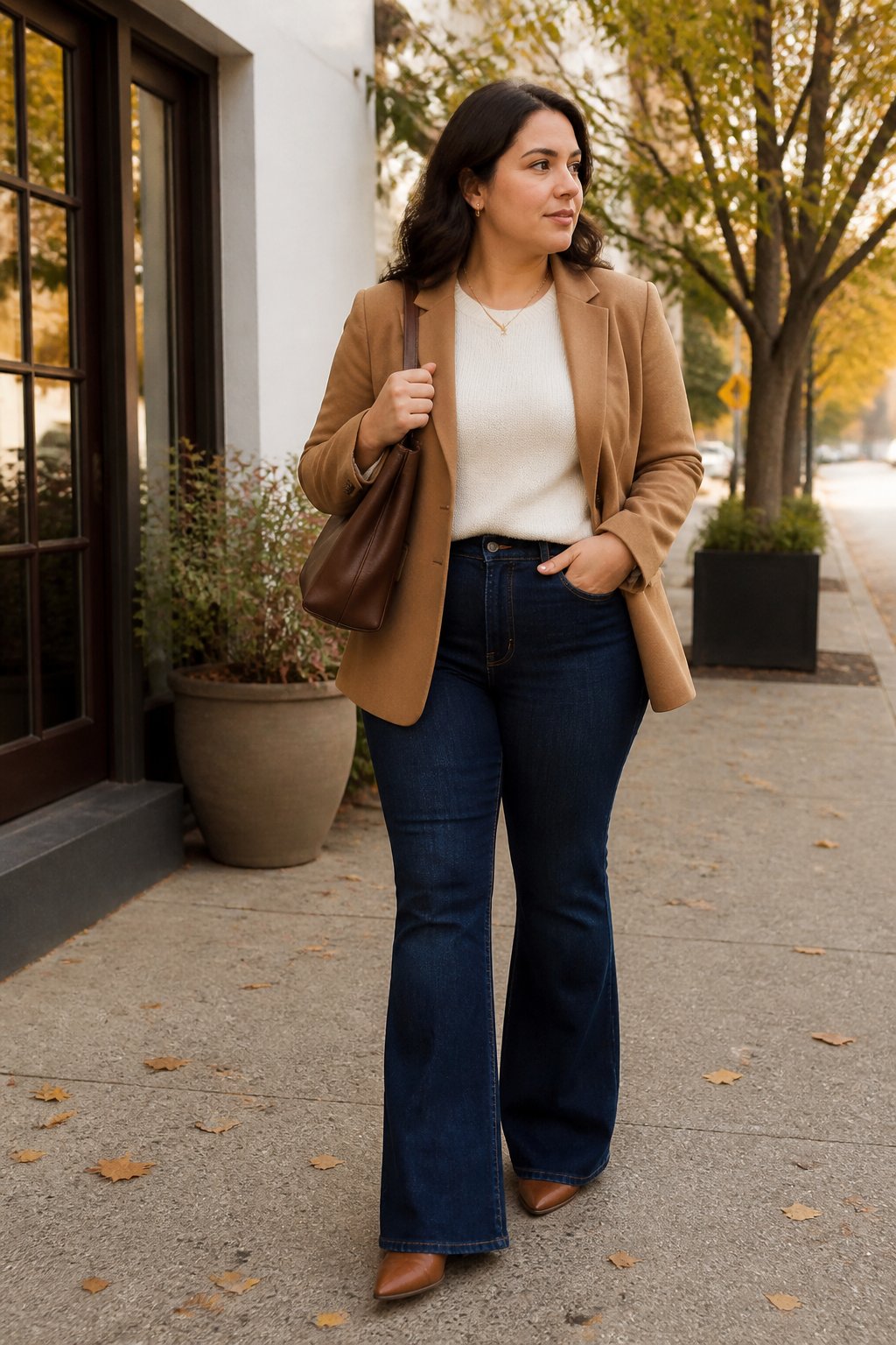 A midsize woman wearing flared jeans, a tailored blazer, and ankle boots walks along an autumn sidewalk.