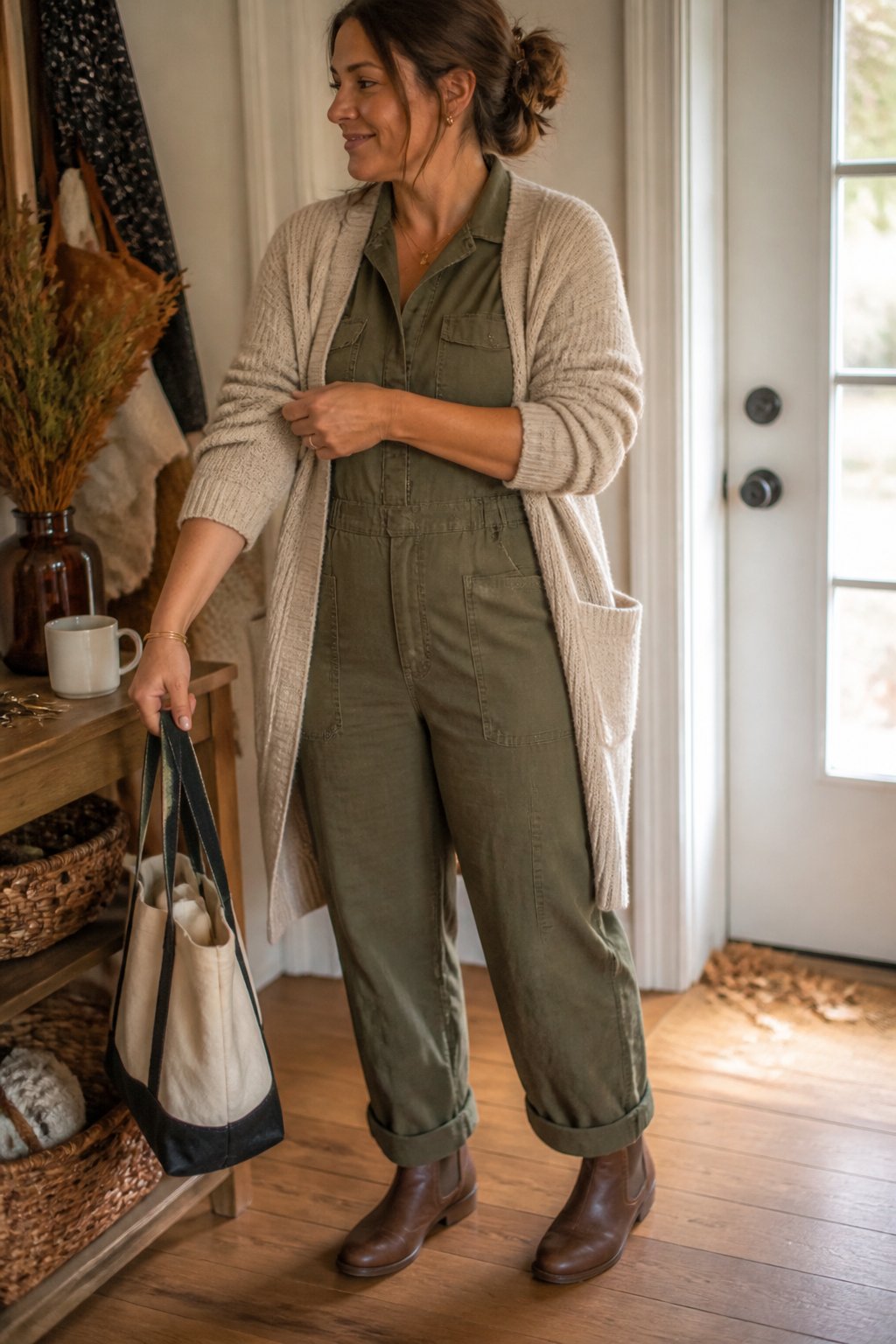 A woman wearing an olive utility jumpsuit and a long cardigan stands casually near a home entryway.