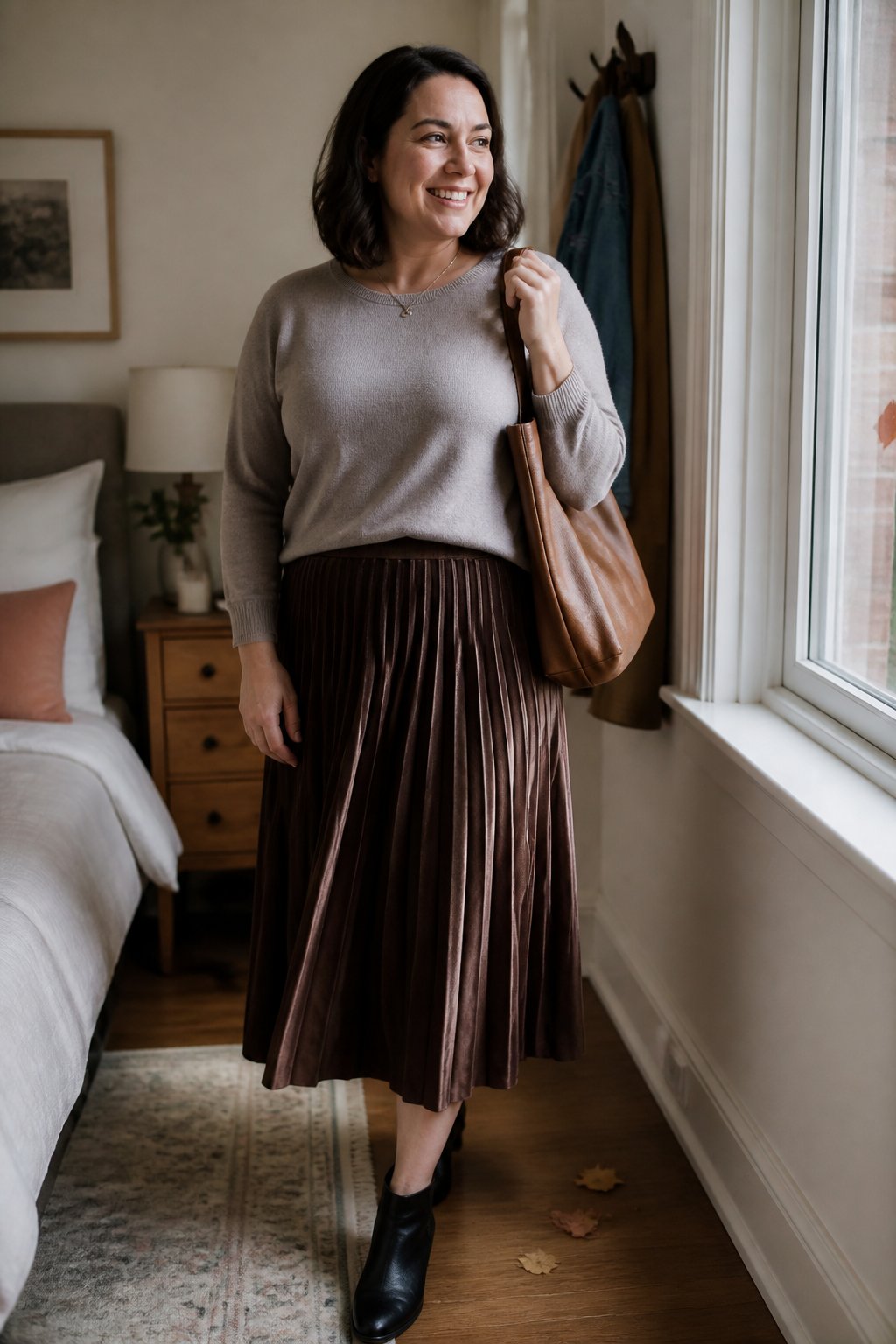 A woman wearing a pleated midi skirt and fine-gauge sweater stands in a softly lit indoor setting.