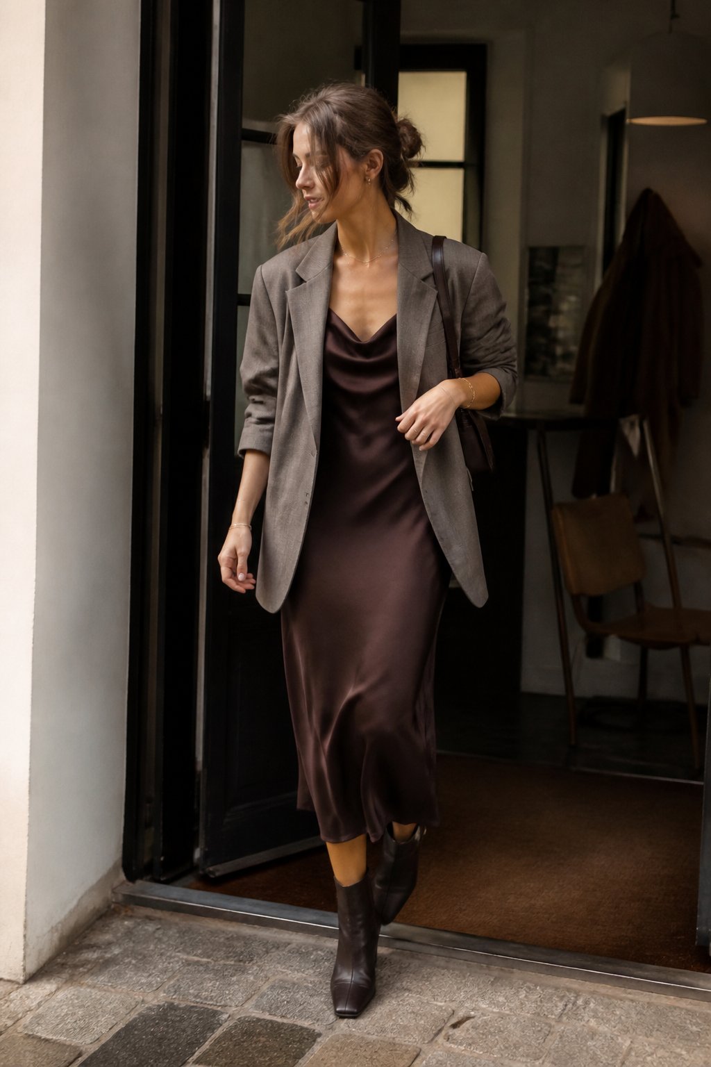 A woman wearing a satin slip dress and oversized blazer stands near an apartment entryway.