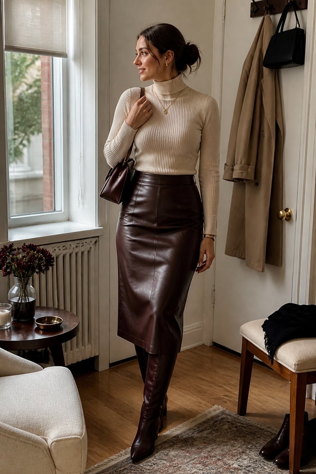 A woman wearing a brown leather skirt and fitted cream turtleneck in a softly lit indoor setting.