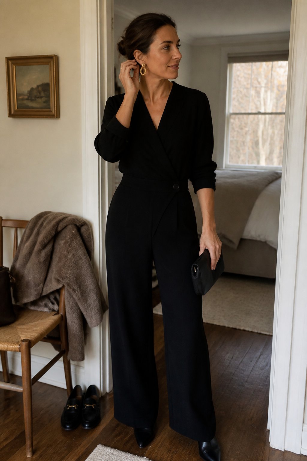 A woman in a black jumpsuit and statement earrings stands indoors near a softly lit window.
