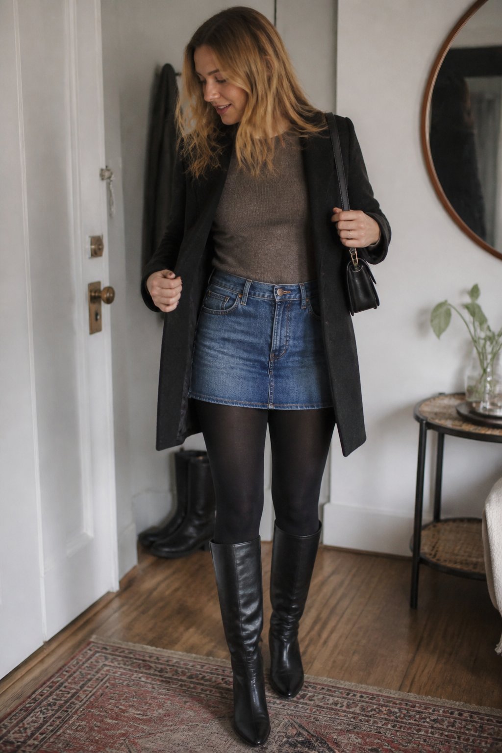 A woman wears a denim mini skirt, opaque tights, and tall boots in a casual fall setting.