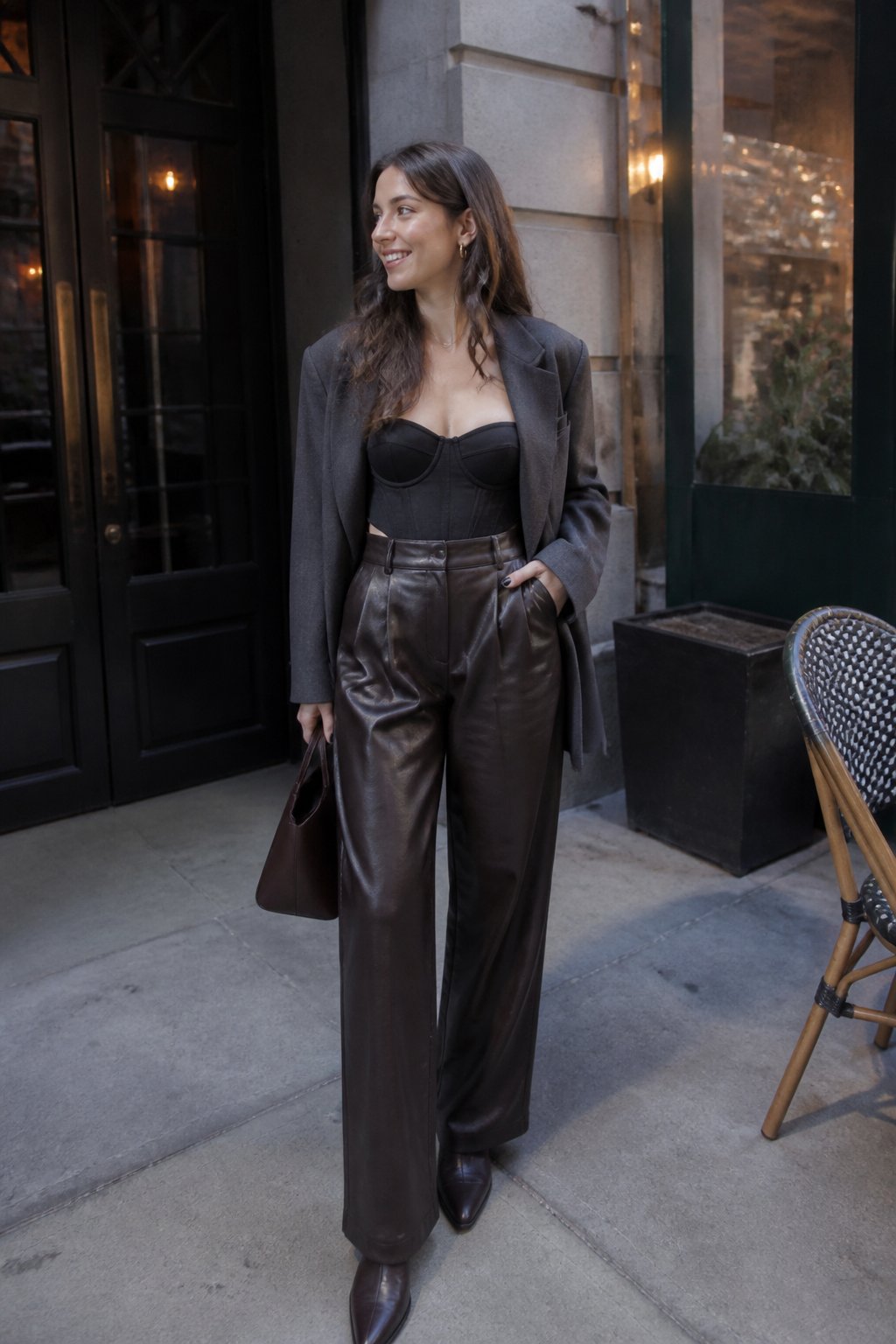 A woman wearing dark leather trousers and a structured corset top stands near an apartment entryway with a handbag.