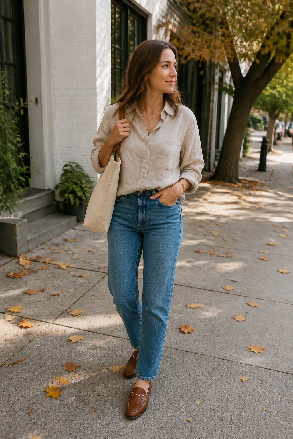 A woman wearing a linen button-down shirt, straight-leg jeans, and loafers in a casual autumn setting.