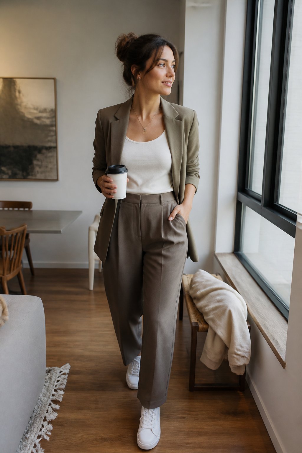 A woman wearing a lightweight blazer over a fitted tank top and trousers in a casual indoor setting.
