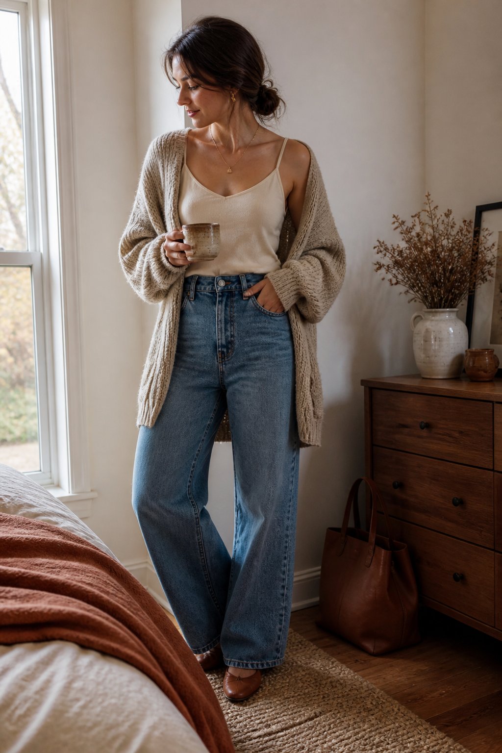 A woman wears a relaxed cardigan, camisole, and wide-leg jeans in a softly lit casual indoor setting.