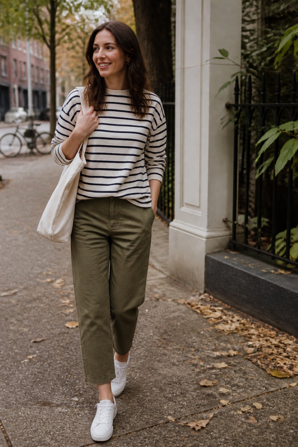 A woman in a striped long-sleeve top, cropped chinos, and sneakers walking along a leafy neighborhood sidewalk in fall.