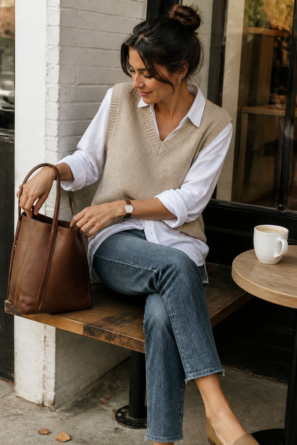 A woman wears a knit vest over a crisp shirt with straight-leg jeans in a softly lit everyday setting.