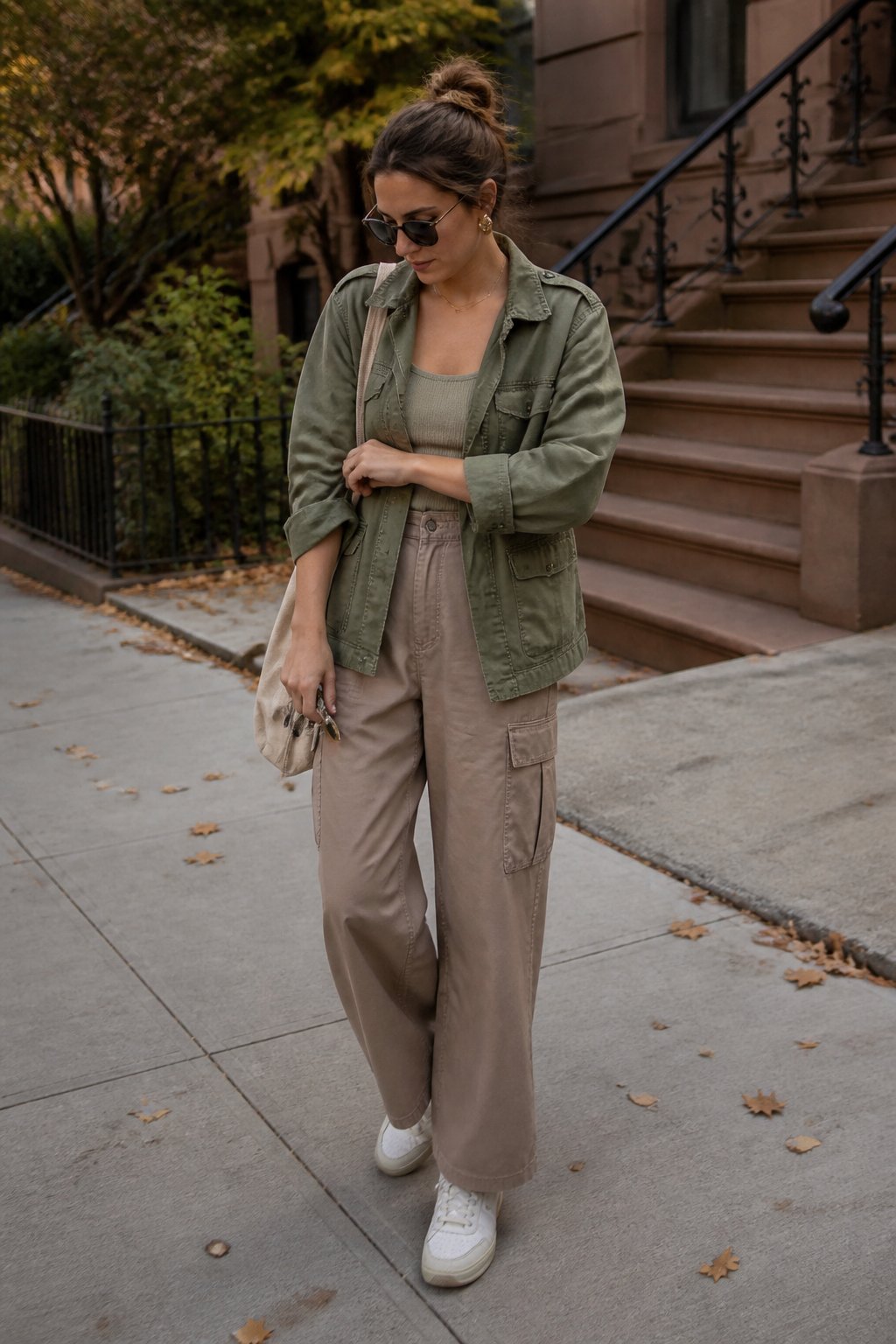 Woman wearing a utility jacket, ribbed tank top, cargo pants, and sneakers outdoors in early fall.