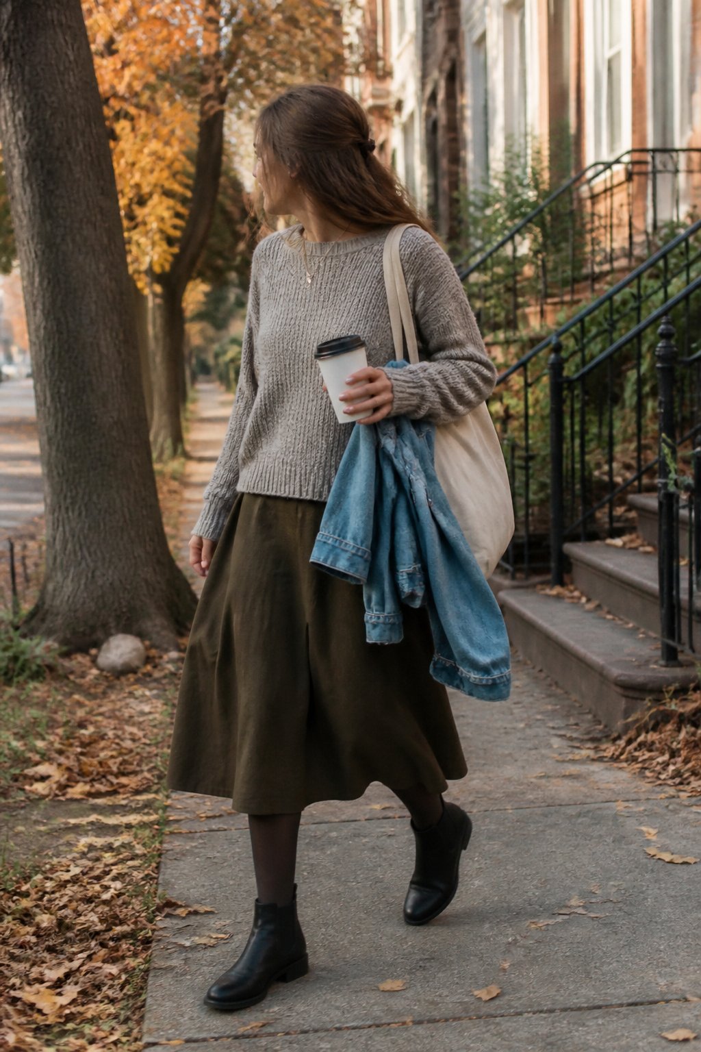 A woman wearing a fall skirt outfit with a sweater and ankle boots outdoors among autumn leaves.