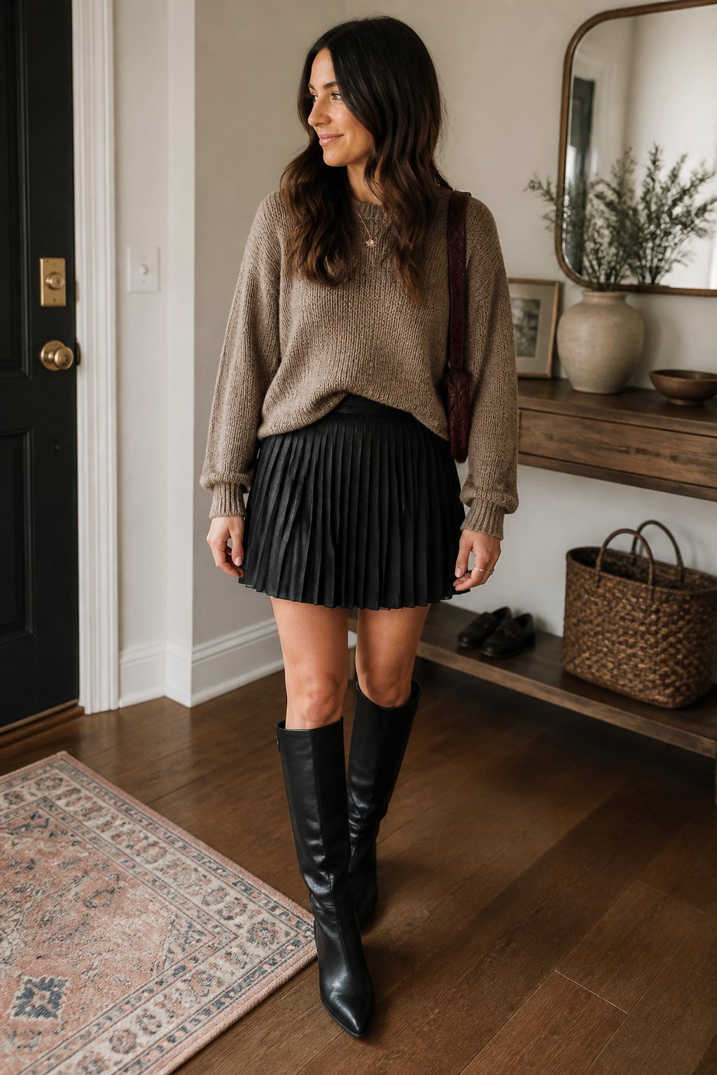A woman wears a chunky knit sweater, pleated mini skirt, and knee-high boots in an autumn setting.