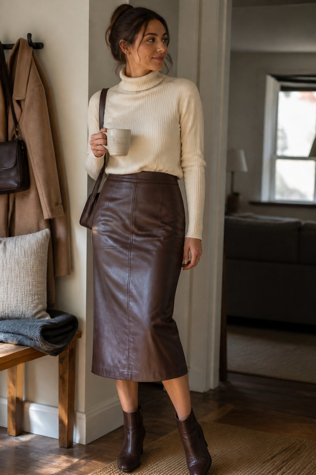 A woman wears a turtleneck, leather midi skirt, and ankle boots in a softly lit autumn setting.