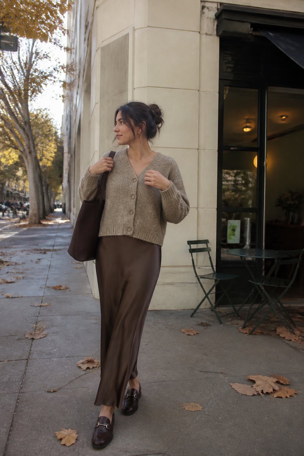 Woman wearing a cropped cardigan, satin slip skirt, and loafers in a casual indoor setting.