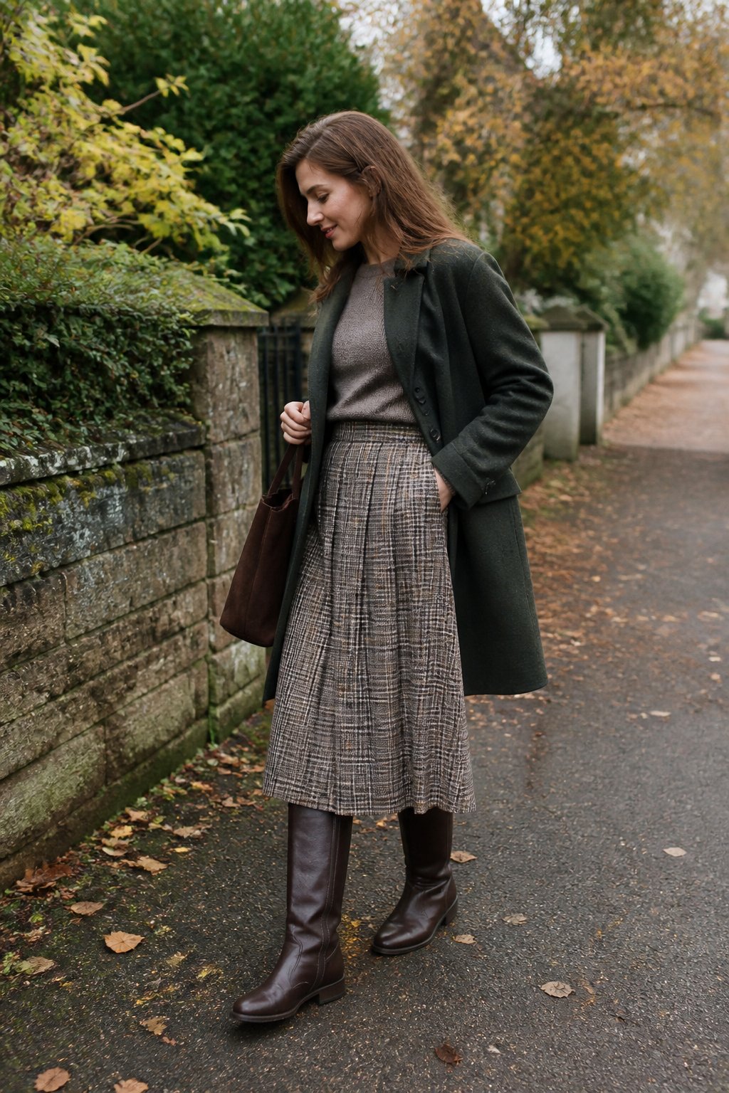 Woman wearing a wool coat, checked A-line skirt, and riding boots on an autumn sidewalk.