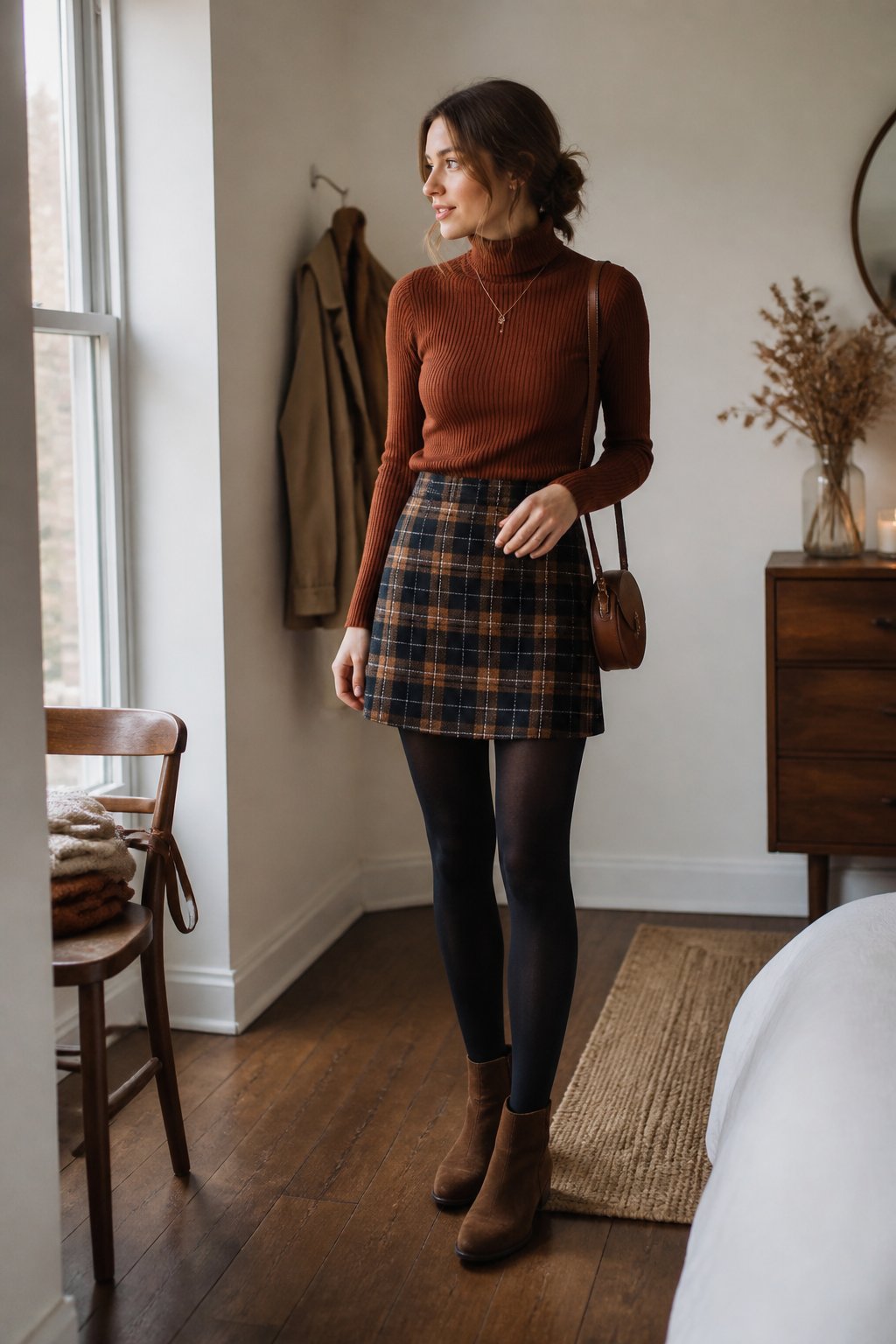 A woman wears a fitted turtleneck, plaid mini skirt, opaque tights, and ankle boots in a softly lit room.