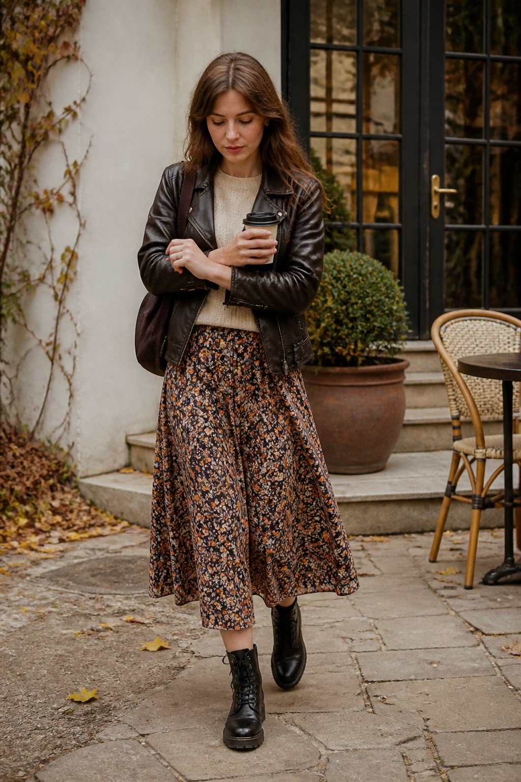 A woman wears a leather jacket, floral midi skirt, and black combat boots outdoors in autumn.