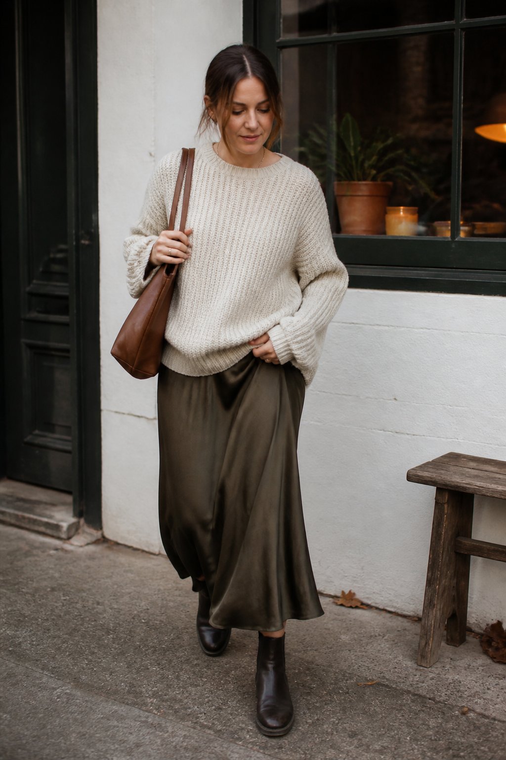 A woman wearing an oversized sweater, satin maxi skirt, and Chelsea boots in a casual fall setting.