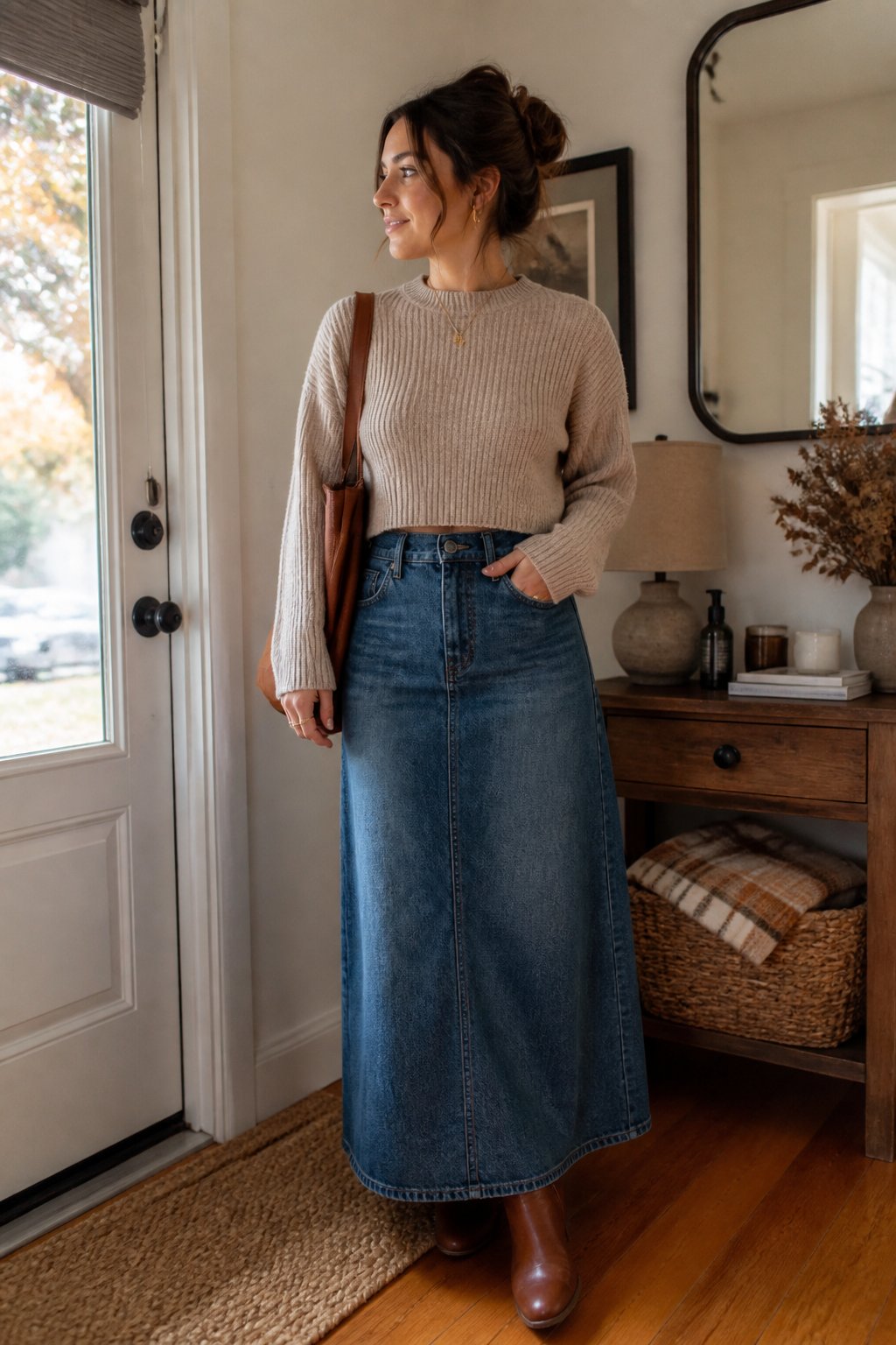 A woman wears a cropped sweater with a high-waisted denim maxi skirt in a softly lit casual setting.