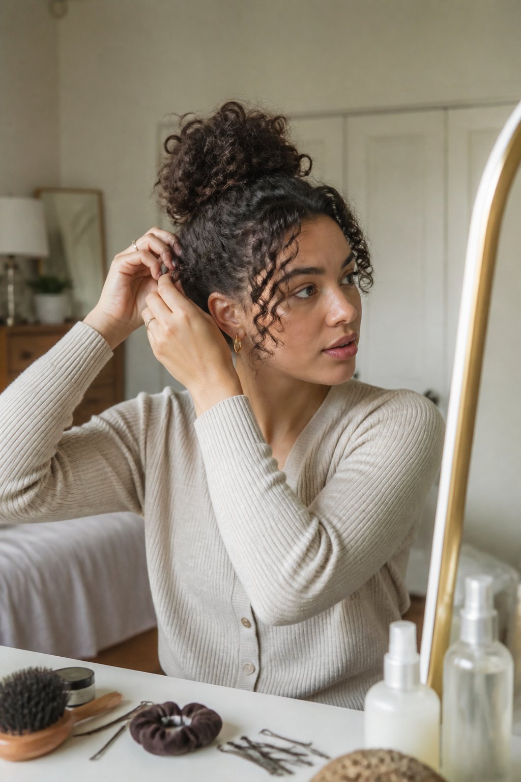 A person with curly hair styled in a soft bun stands in a bright room while adjusting loose curls.