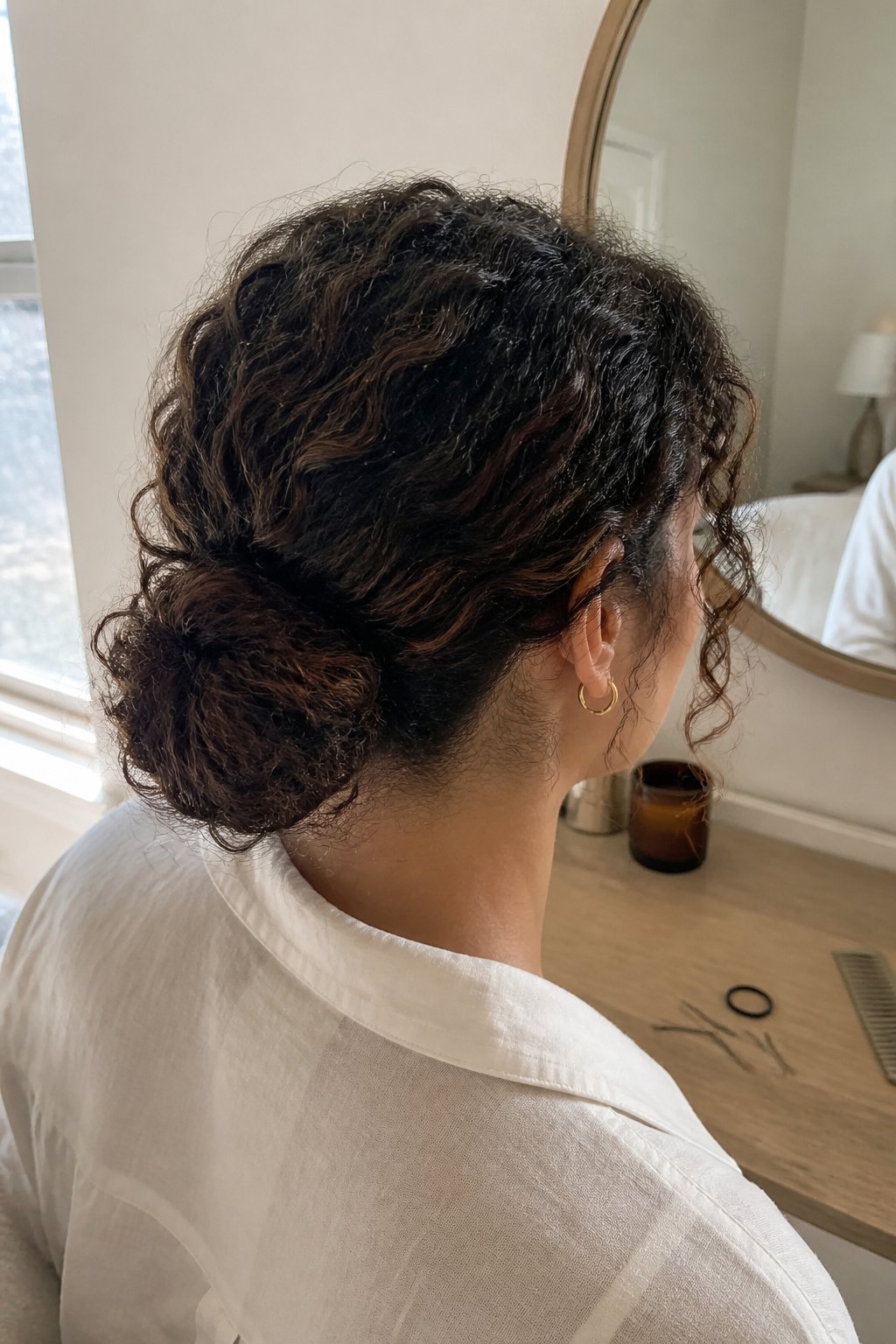A woman wears her naturally curly hair gathered into a low bun at the nape of her neck.