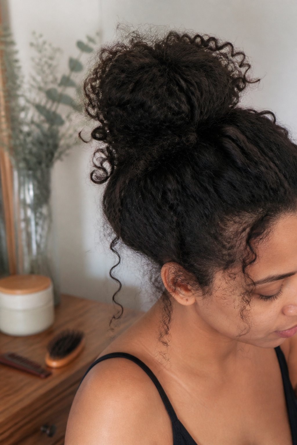 A person wearing a messy high curly bun with loose curls and flyaway strands in a softly lit room.