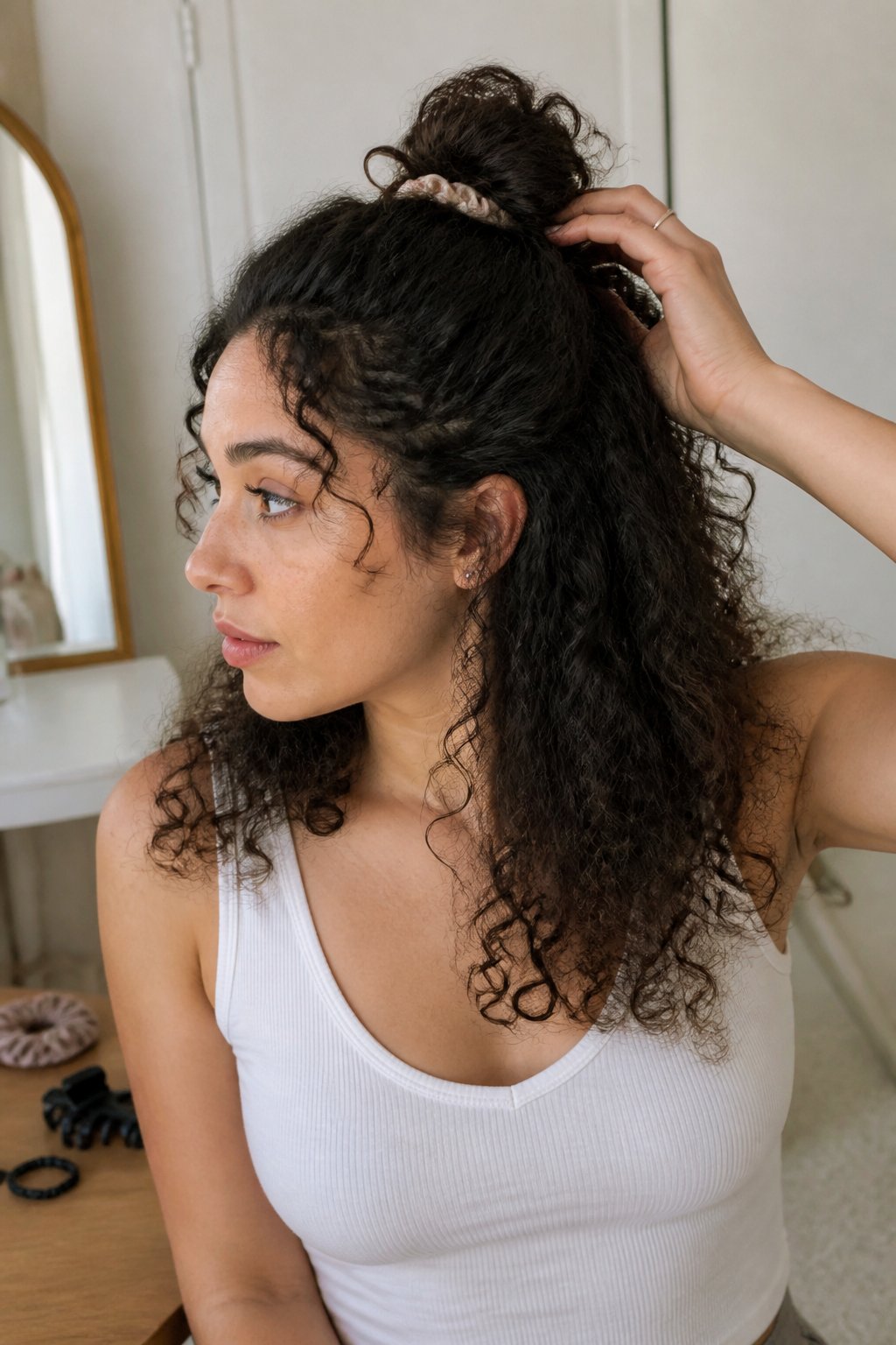 A person with naturally curly hair styled in a casual half-up bun, with loose curls falling around the shoulders.