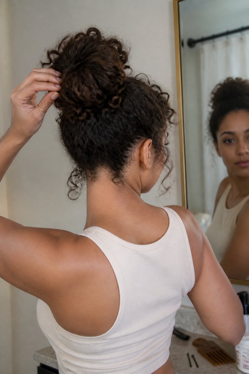 A person adjusts a curly ballerina bun in a softly lit home setting.