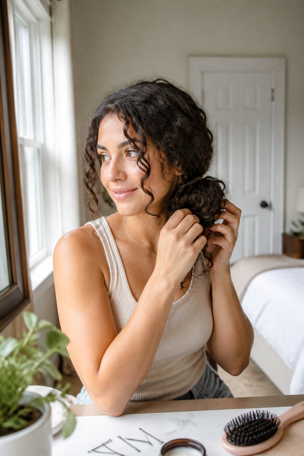 Woman wearing a relaxed curly bun positioned to one side of her head.