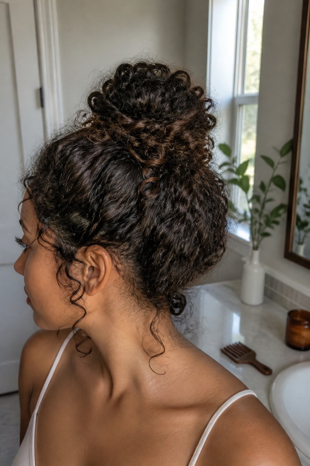 A person with naturally curly hair styled in a relaxed high topknot bun, with a few loose curls framing the head.