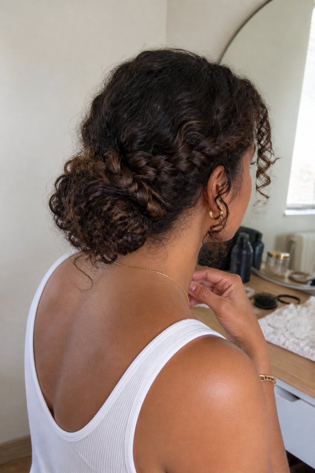 A woman with curly hair styled into a braided bun stands in a softly lit room.